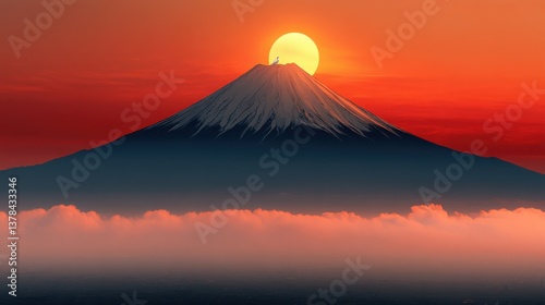 A realistic 8K image of a majestic snow-covered mountain with a white bird perched on top, gazing over the landscape as the sky transitions into orange and yellow hues from a setting sun.