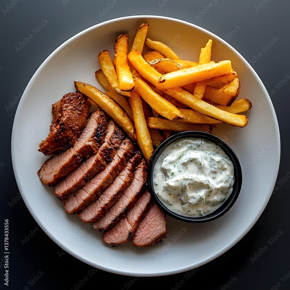 Delicious Grilled Steak Slices Served with Crispy French Fries and Creamy Herb Dip Delicious Grilled Steak Slices Served with Crispy French Fries and Creamy Herb Dip