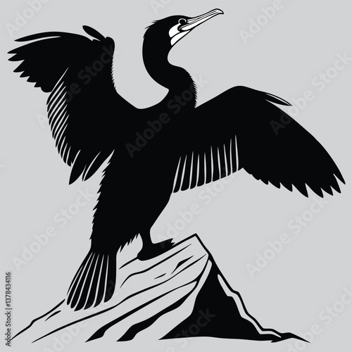 A  cormorant drying its wings image silhouette design vector art and illustration