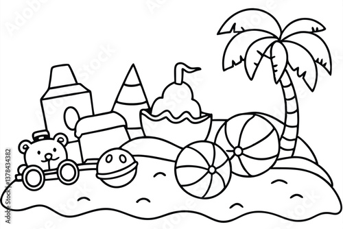 Beach toys and a palm tree on sandy coast in line art with transparent background