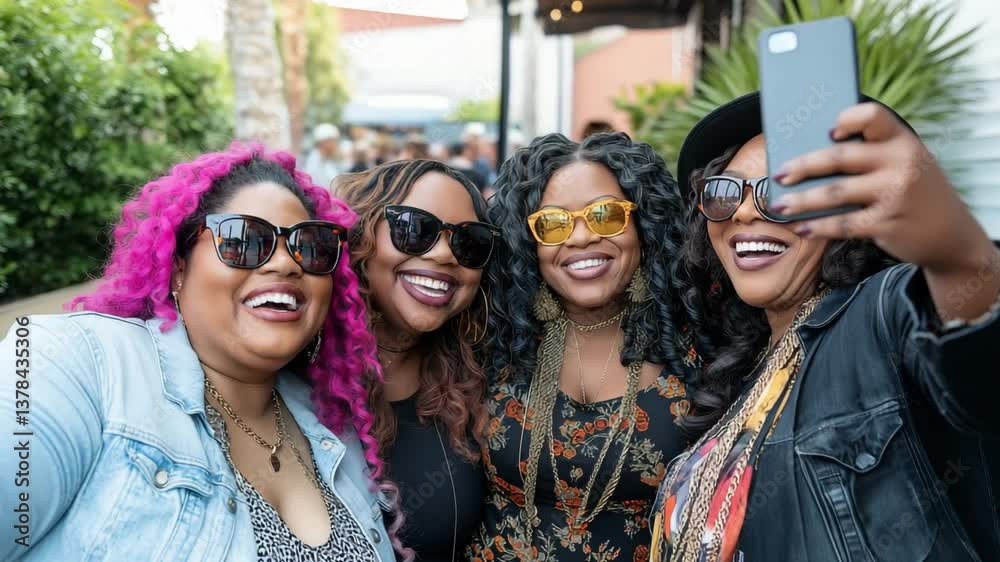 A group of four women enjoys a lively outdoor gathering, sharing laughter and taking selfies while dressed in stylish outfits and sunglasses