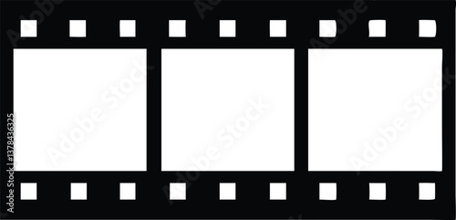 Black Film Strip with Three Frames and Sprocket Holes on Transparent Background