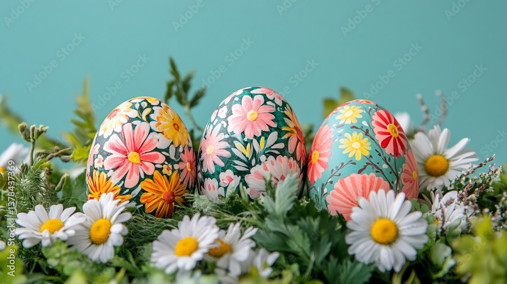 Three floral-patterned Easter eggs nestled in a bed of daisies and greenery against a teal background, symbolizing springtime renewal and celebration