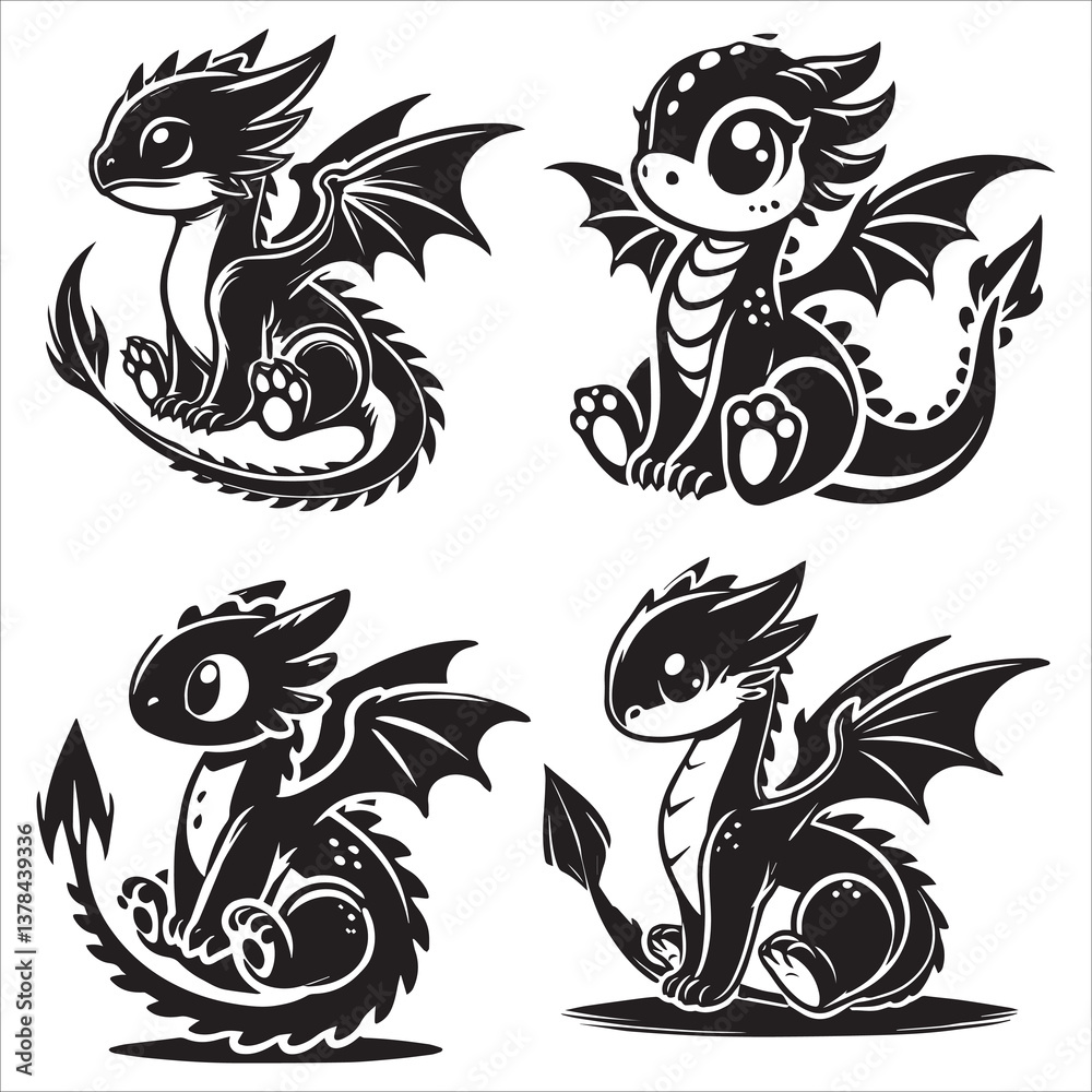 Fototapeta premium Baby Dragon vector silhouette, simple black an white baby dragon vector silhouette isolated on a white background, Cute dragon coloring page vector art illustration coloring book design