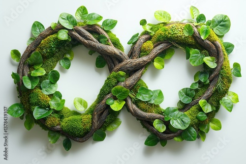  Organic infinity symbol in 3D crafted from entwined dry vines and vibrant leaves, covered with fresh green moss, ideal for eco awareness projects, product marketing, and nature branding with earthy t