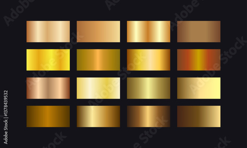 Gold metallic gradient swatches set for design and branding, vector file with shiny foil textures