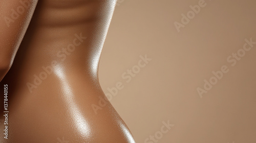 Woman's back is shown with a lot of hair and a tan color. Concept of sensuality and confidence