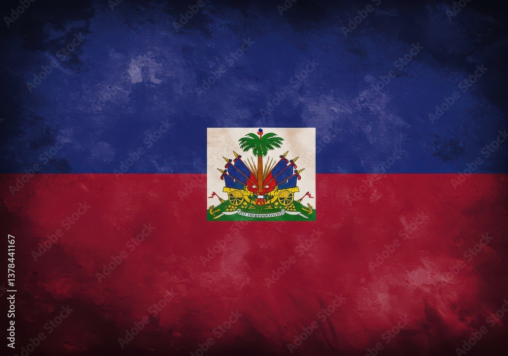 Naklejka premium Grunge Styled Haiti Flag with National Emblem and Distressed Texture