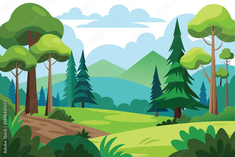 Fototapeta premium Serene Cartoon Landscape, Rolling Green Hills, Trees, Sky, and Lush Green Bushes