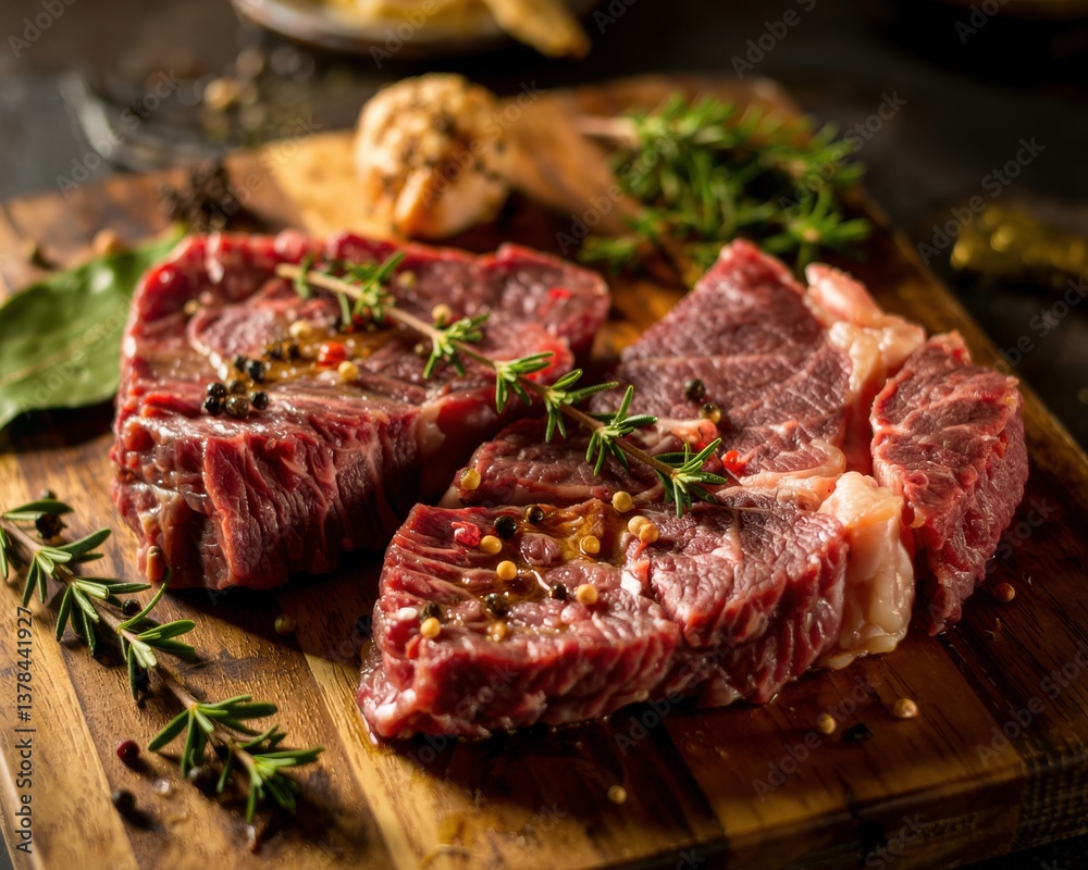 Fresh cuts of high-quality beef displayed on a wooden board with herbs and spices in a cozy kitchen setting Fresh cuts of high-quality beef displayed on a wooden board with herbs and spices in a cozy kitchen setting