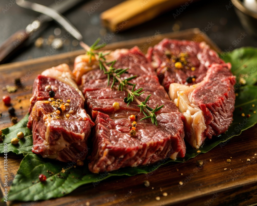 Fresh cuts of red meat garnished with herbs on a wooden cutting board in a rustic kitchen Fresh cuts of red meat garnished with herbs on a wooden cutting board in a rustic kitchen