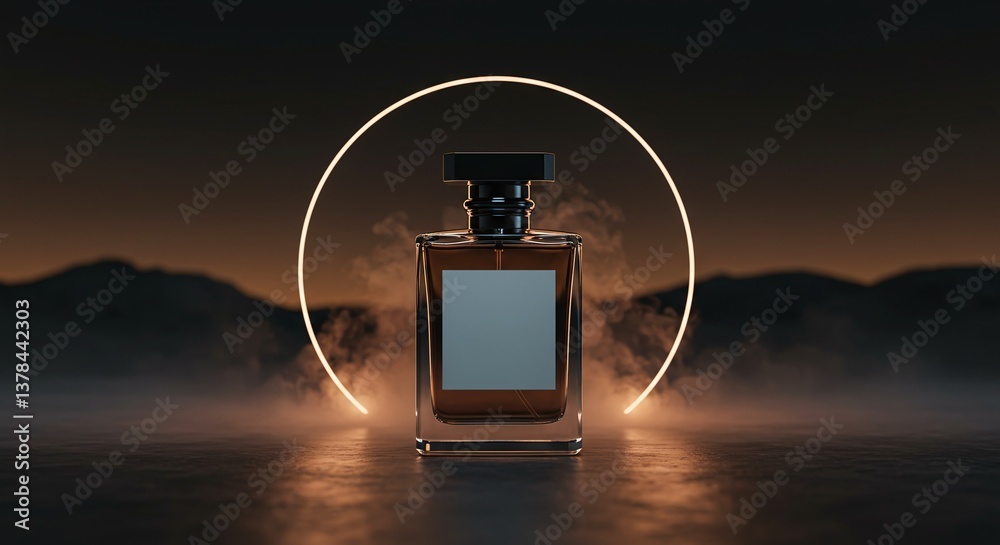 Fototapeta premium A luxury perfume bottle, the image evokes a sense of sophistication and mystery, illuminated by a glowing circular light, the low mist added the drama