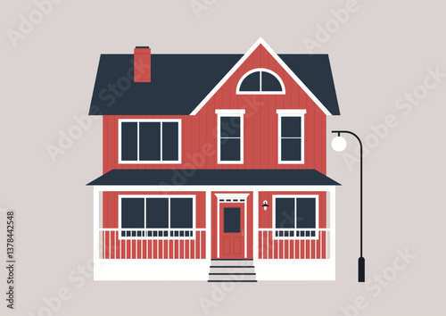 The stylish red family house boasts large windows and a welcoming porch, creating an inviting atmosphere, A streetlamp enhances the tranquil charm of this domestic setting