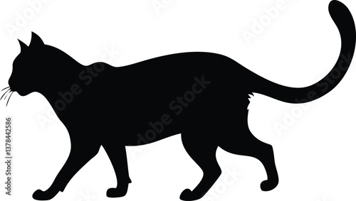 Cat Silhouette Walking with Tail Up, Transparent Background Animal Design