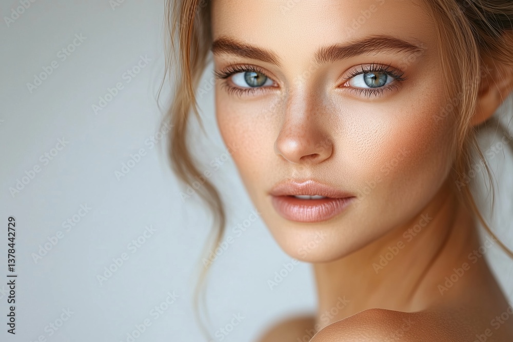 Naklejka premium Close-up portrait of a young woman with flawless skin and defined facial features in soft lighting, showcasing natural beauty and ideal symmetry, perfect for skincare branding, cosmetics visuals and 