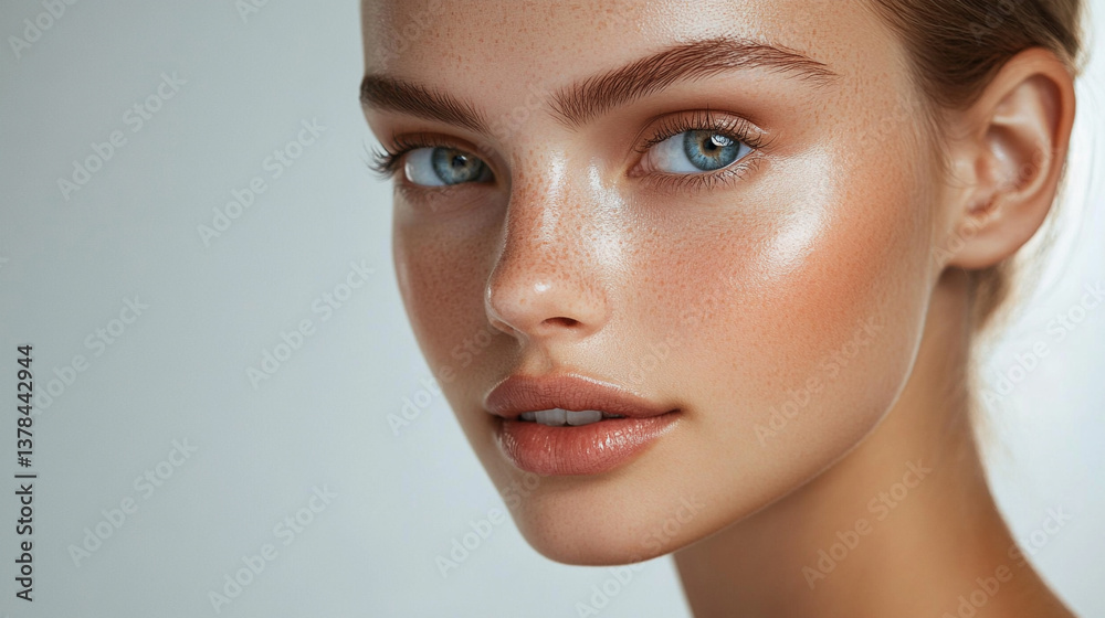 Woman with a light blue eye and a light brown nose. She has a light brown eyebrow and a light brown hair Woman with a light blue eye and a light brown nose. She has a light brown eyebrow and a light brown hair