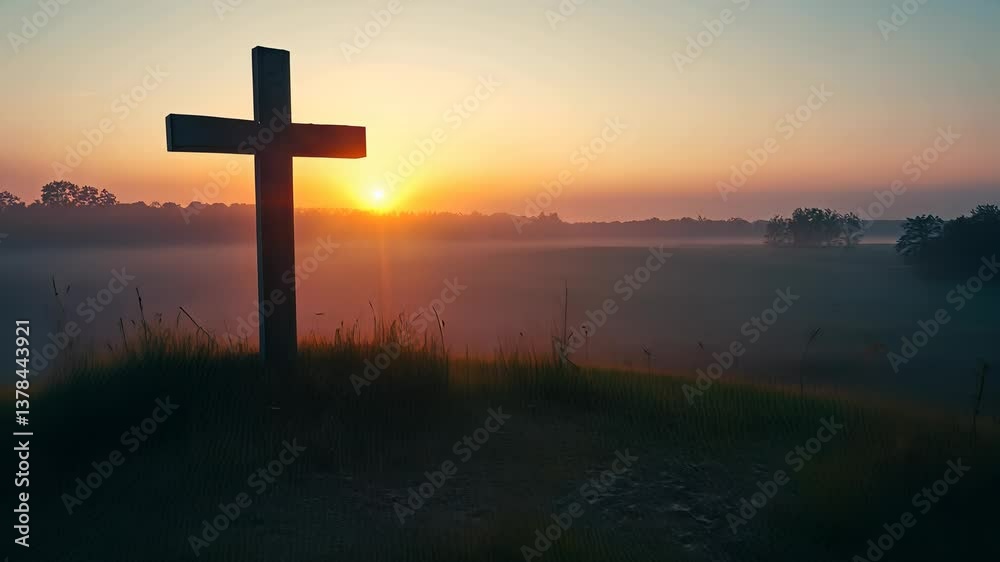 Sunrise over a cross in a tranquil field setting in the early morning light Sunrise over a cross in a tranquil field setting in the early morning light