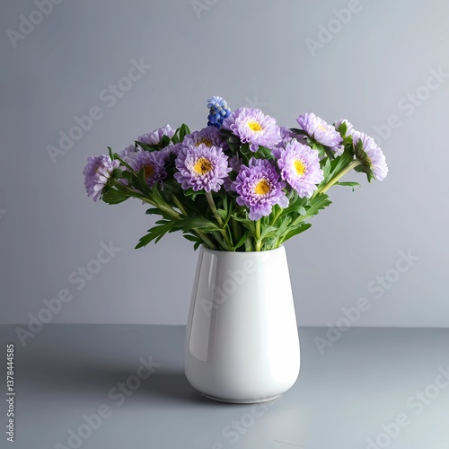 Wallpaper Mural Fresh purple flowers arranged elegantly in a simple white vase on a light gray background Generative AI Torontodigital.ca