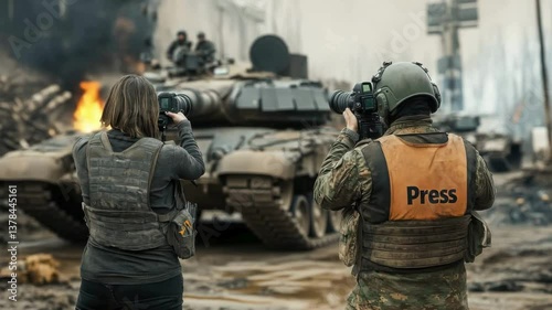 Brave reporters working among tanks in a dangerous war zone: one woman, one man, wearing body armor, helmets and carrying cameras. 