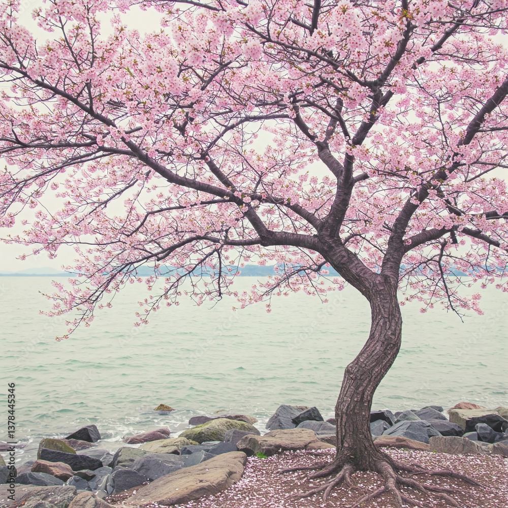 Fototapeta premium Pink cherry blossoms on a tree by a rocky shore.