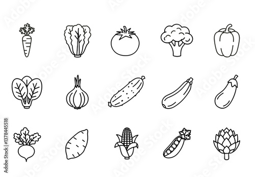 Assorted vegetable icons in line art style on white background  