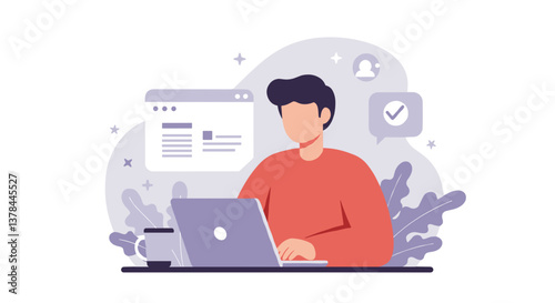 Young man working intently on laptop with digital elements  