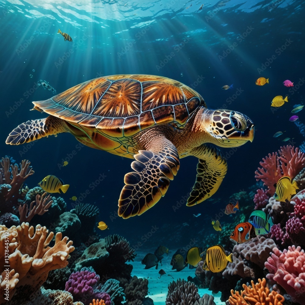 Obraz premium A sea turtle gliding through a vibrant coral reef, peaceful and vivid.