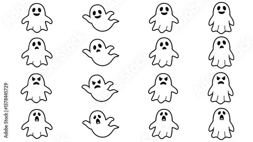 Simple design ghost. Vector data.
Four types of ghosts with smiling, expressionless, angry, and screaming expressions. Recommended for Halloween ads, postcards, and thumbnails.