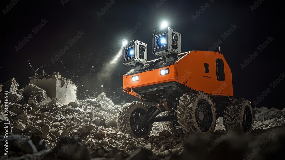 Small-scale emergency response robot with bright safety-orange body traversing rubble