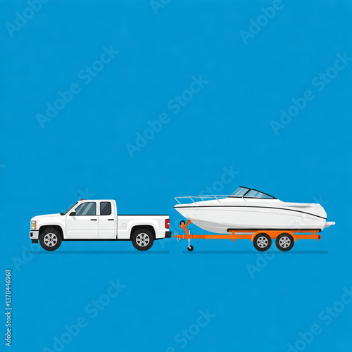 A white pickup truck tows a white boat on an orange trailer.