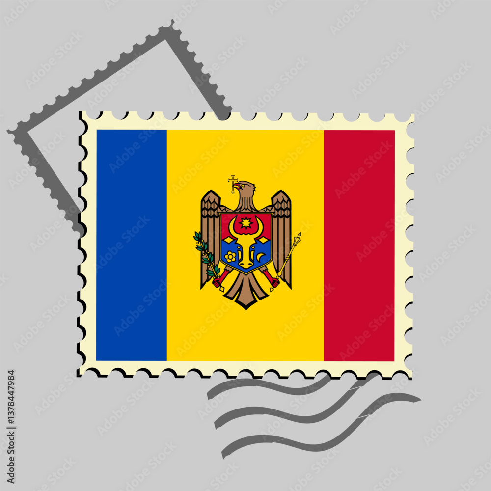 Obraz premium Moldova flag postage stamp. Isolated vector illustration on grey post stamp background
