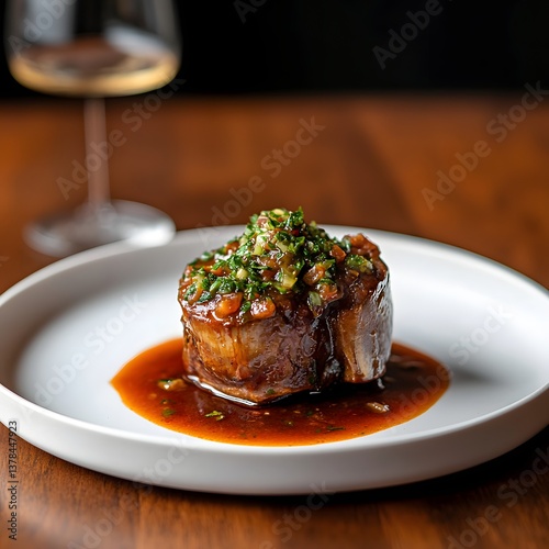 Delicious Braised Beef Osso Buco with Parsley Gremolata on a White Plate