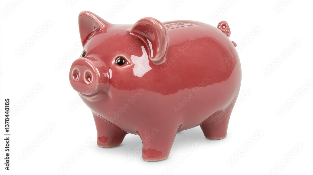 A classic pink ceramic piggy bank with a glossy finish, standing on a clean white background A classic pink ceramic piggy bank with a glossy finish, standing on a clean white background