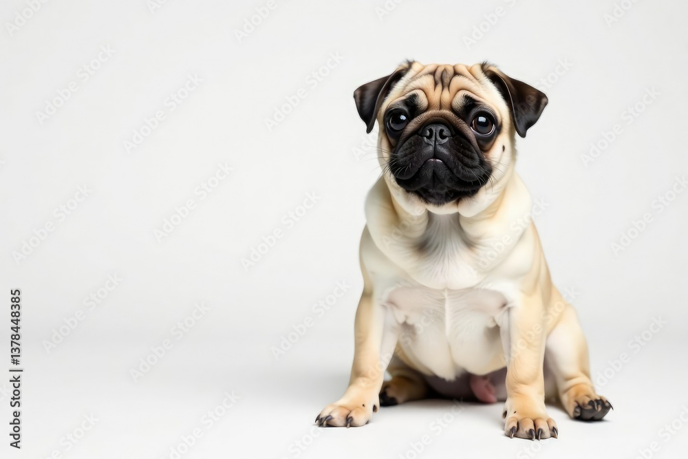 Obraz premium Adorable pug dog sits alone against a pure white background , adorable pug, closeup
