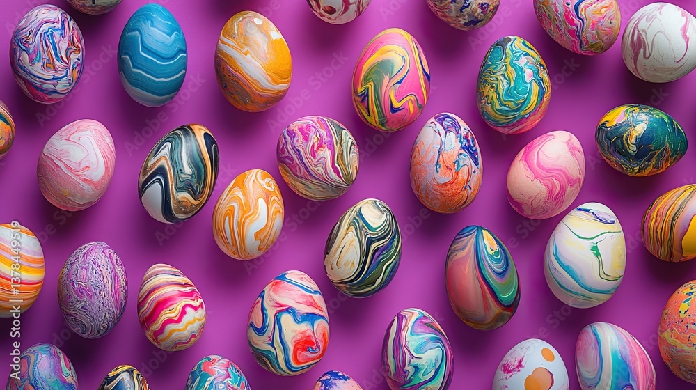 Obraz premium A collection of marble-painted eggs artistically scattered on a royal purple background