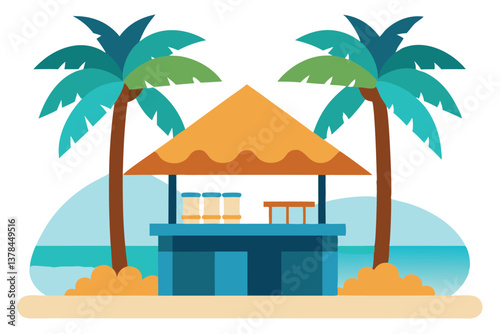 Tropical Beach Hut with Palm Trees in Simple Flat Style