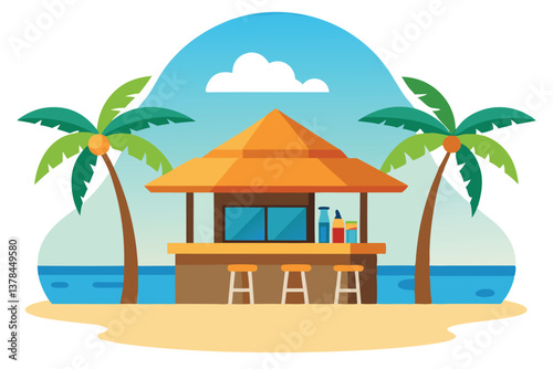 Tropical Beach with Palm Trees Hut Bar Stools Sea Sky Cloud Isolated
