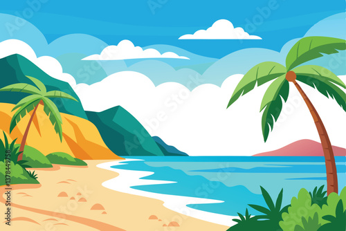 Tropical Island with Palm Trees, Sandy Beach and Turquoise Ocean Flat