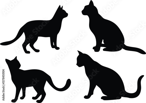 Feline Silhouette Set Cats in Various Poses on Transparent Background