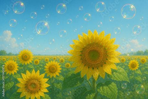 Sunflowers in a dreamy summer field with floating soap bubbles – しゃぼん玉が舞う夢のようなひまわり畑の夏風景