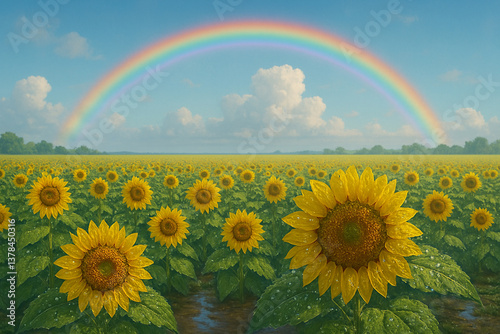 Sunflower field after the rain with a vivid rainbow – 雨上がりのひまわり畑と鮮やかな虹