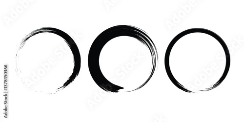 Set of black grunge paintbrush strokes. Enso Zen symbol. Circular label, logo, text frame, banner, emblem, badge. Grunge design element. Isolated. Distress texture. Ink brush strokes