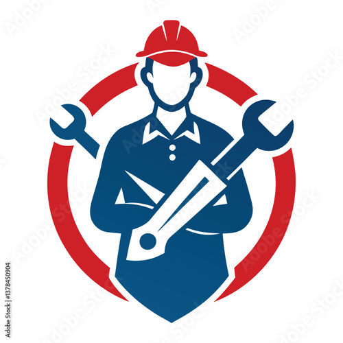 Worker in Red Hard Hat with Wrench on White Background Repairman