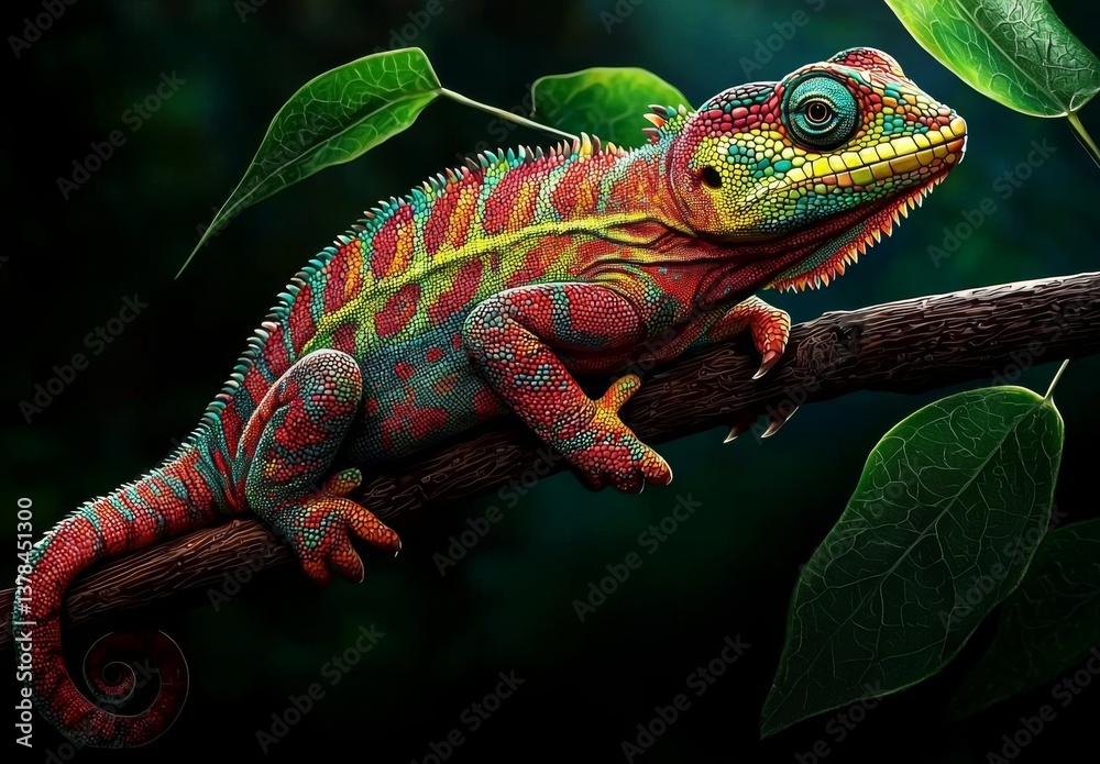 Obraz premium Lively chameleon showcasing its hues against a soft-focus backdrop.