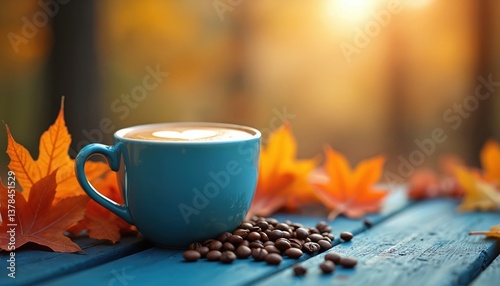 Fototapeta Naklejka Na Ścianę i Meble -  Cozy autumn coffee mug with heart latte art stands on blue wooden table surrounded colorful fall leaves. Warm drink, fall season, romance, bright daylight, cheerful vibe, aesthetic background.