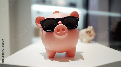 A cute pink piggy bank wearing black sunglasses, standing on a white surface photo
