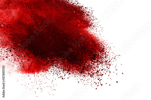 Red color powder explosion isolated on white background. Colored cloud. Colorful dust explode. Paint Holi