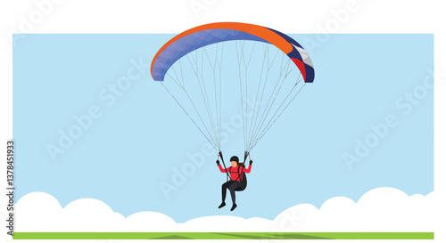 Paraglider in action with colorful canopy in flat vector art