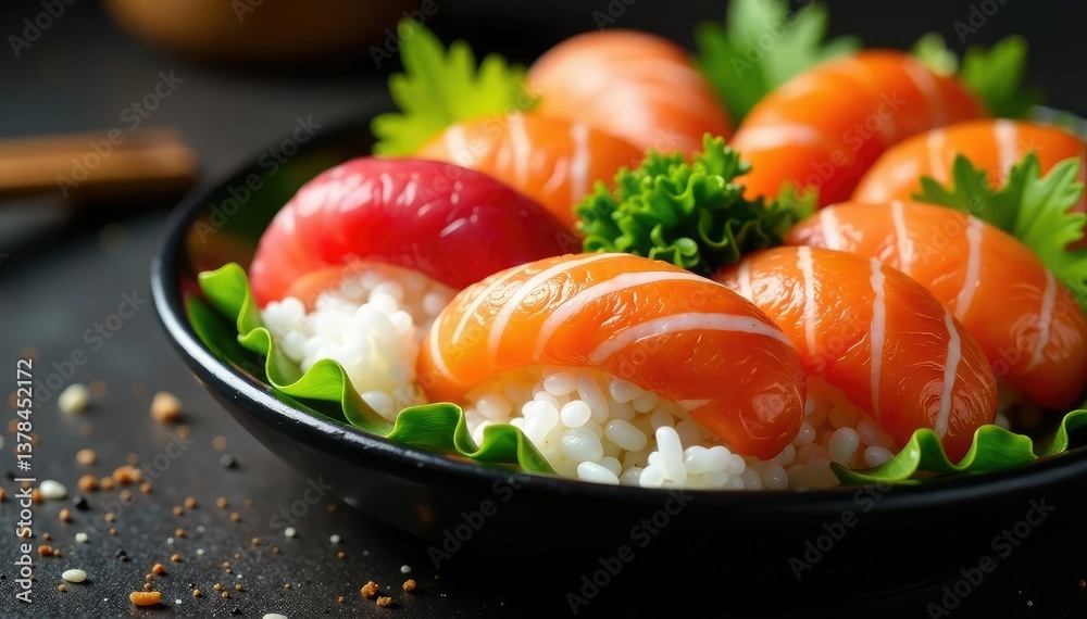 Close-up vibrant sushi platter, seaweed, rice, fish, raw, ginger, plate Close-up vibrant sushi platter, seaweed, rice, fish, raw, ginger, plate