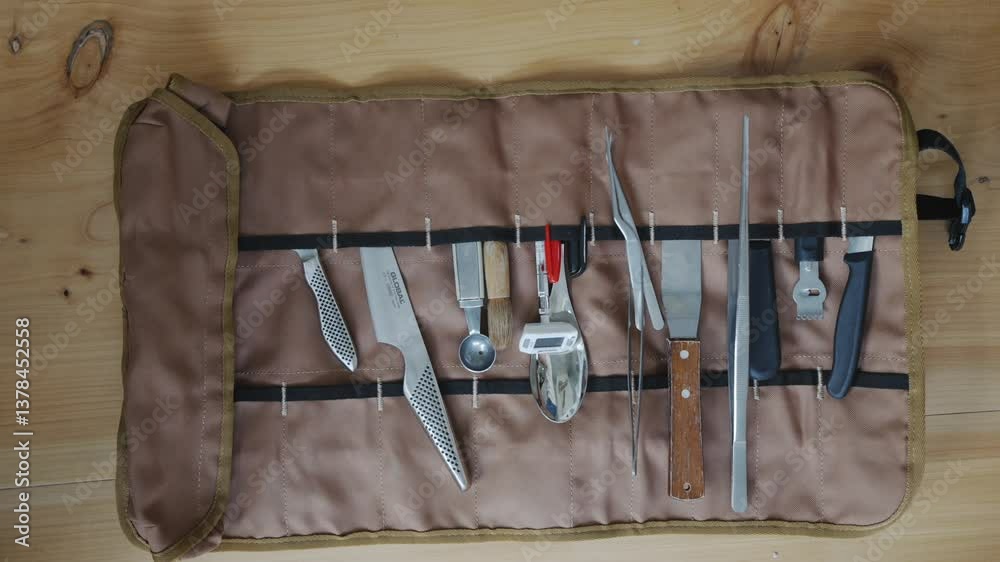 A brown cloth with a bunch of knives and other utensils on it. The knives are of different sizes and shapes